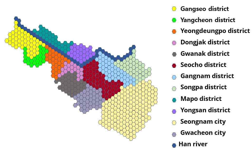 정육각형 셀로 모델링된 서울시 일부