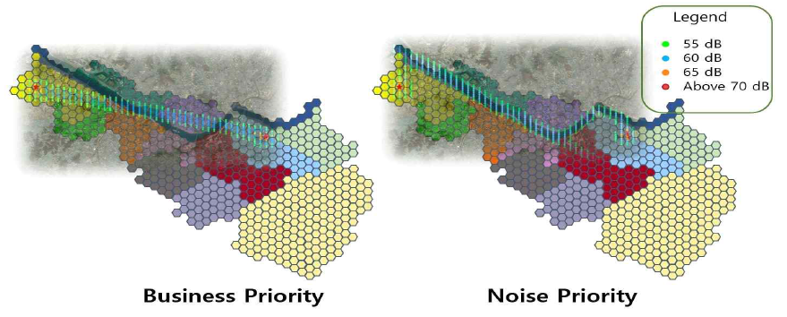 모델링된 행정구역에 표시한 서로 다른 두 경로의 소음지도
