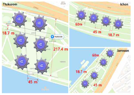 3개 한강공원에 대한 공간 측정 및 배치