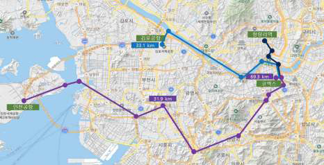 국토교통부에서 제시한 수도권 지역 실증노선(안)