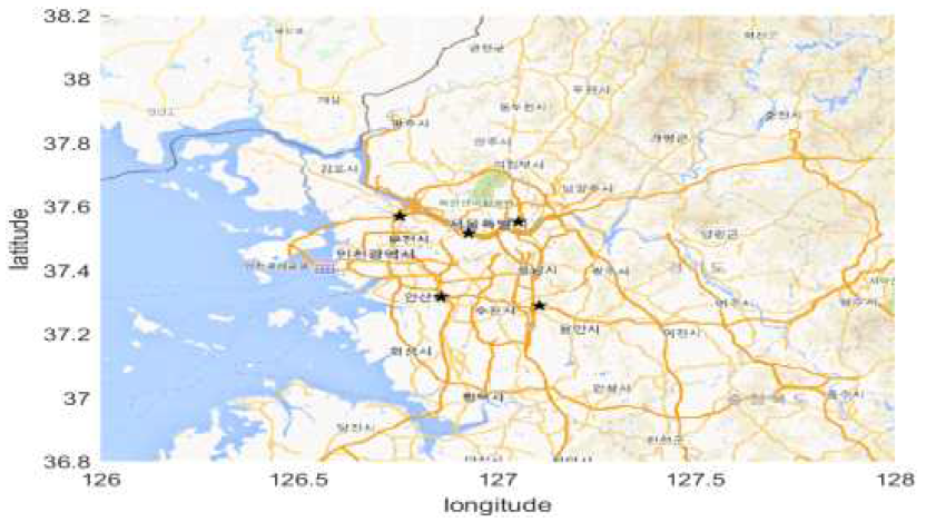 위치 조정된 5개 수직이착륙장의 위치