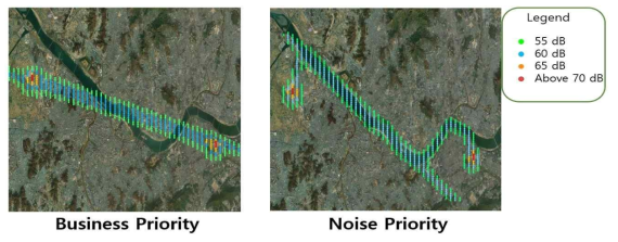 AEDT 소프트웨어에서 나타낸 두 가지 경로에 대한 소음지도