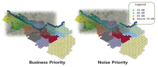 모델링된 행정구역에 표시한 서로 다른 두 경로의 소음지도