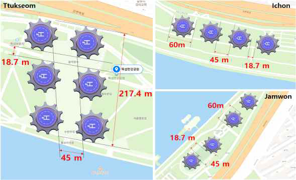 3개 한강공원에 대한 공간 측정 및 배치