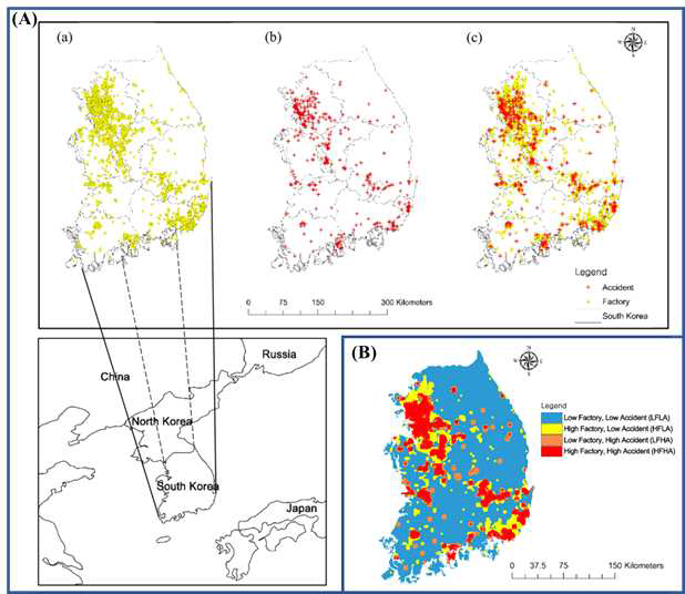 국내 산단 화학사고의 공간적 분포(A), 화학사고 위험성 평가 지도 출처 : Heo, S., M. Kim, H. Yu, W.K. Lee, J.R. Sohn, S.Y. Jung, S, K.W. Moon and S.H. Byeon, 2018, Chemical accident hazard assessment by spatial analysis of chemical factories and accident records in South Korea, J. Disaster Risk Reduct, 27, 37-47