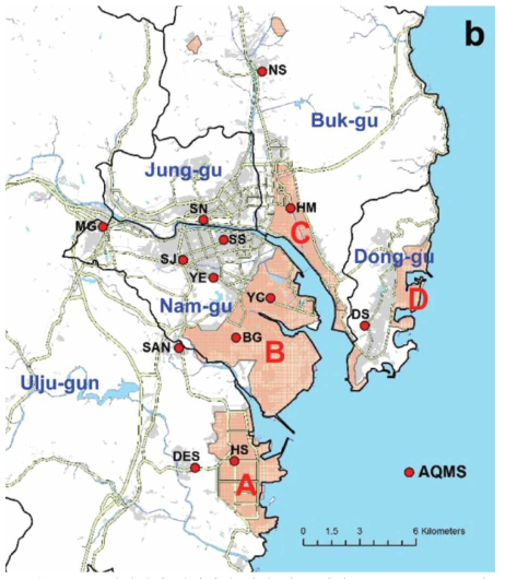 울산지역의 산업단지 위치 및 특성 (Oh IB et al., 2016)