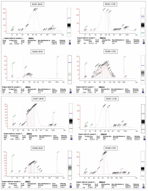 3차년 대표 결과에 대한 Bioanalyzer를 이용한 MeDIP-seq 라이브러리QC 확인