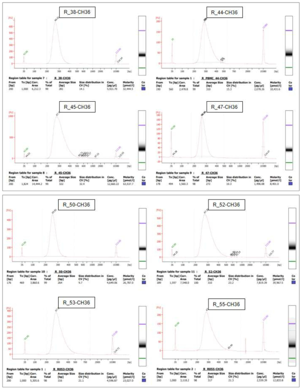 5차년 대표 결과에 대한 Bioanalyzer를 이용한 mRNA 시퀀싱 라이브러리 QC 확인