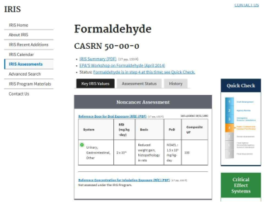 Formaldehyde 검색의 경우 US EPA IRIS에서 제시되는 독성 참고치