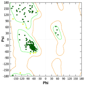 5LSG 기반 호모로지 모델의 파이-싸이 이면각 조사구 (녹색 : 안정적인 아미노산, 노란색 : 준안정적인 아미노산, 빨간색 : 불안정한 아미노산)