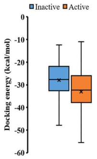 3D 도킹 (ASEDock) 시뮬레이션 결합에너지 (Docking energy)의 PPARg Antagonistic 반응성 여부에 따른 분포 (파란색 : 반응성 없는 물질 (inactive), 주황색 : 반응성 있는 물질 (active), 위쪽 바 : 최댓값, 아래쪽 바 : 최솟값, 상자 가로선 : 사분위수, X표시 : 평균값)