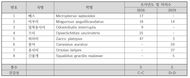 대조지역(금호강 1-3) 하천 생물측정망 어류 출현종 정보