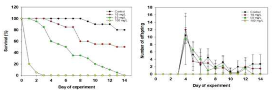 에틸렌디아민 노출에 따른 모이나물벼룩 생존율(좌)과 일간 자손수(우)