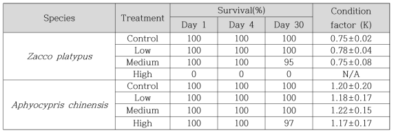 차아염소산나트륨 노출 후 30일차 피라미, 왜몰개의 생존율, condition factor