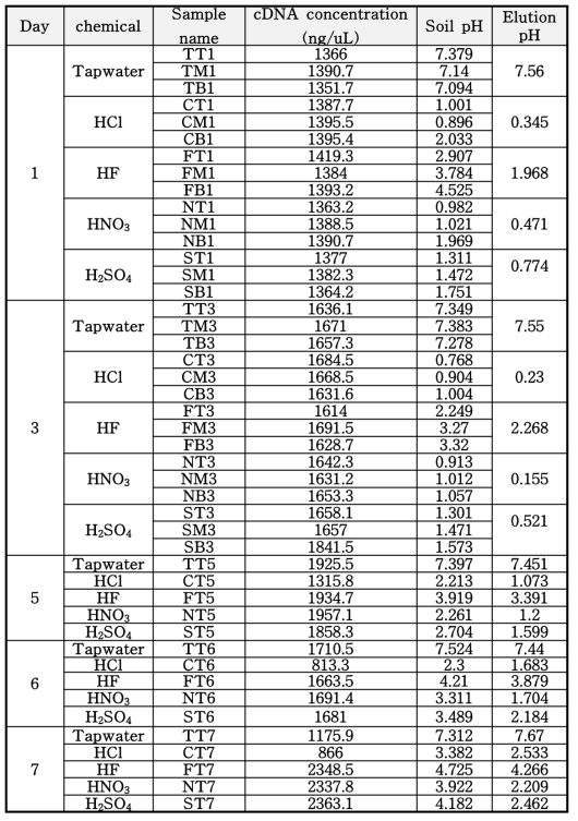 컬럼실험을 통해 수집된 토양 cDNA와 DNA 농도