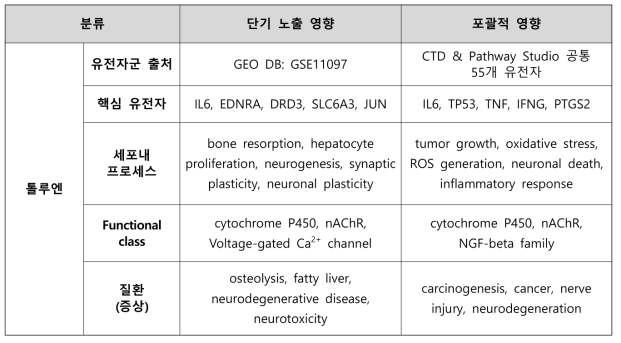 톨루엔의 단기 노출 및 포괄적 인체영향 중심 네트워크 비교