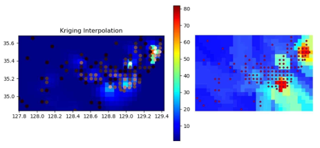 Python기반 kriging프로그램 구동 결과(왼쪽)와 Arcgis kriging 결과(오른쪽)