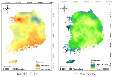 전국 기온 및 풍속 공간데이터 예시