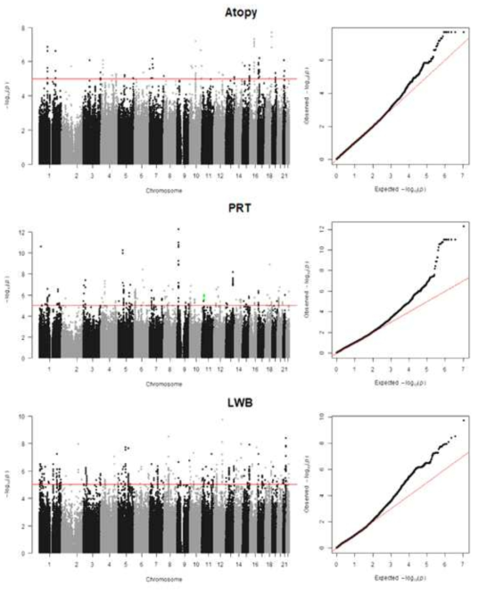 환경성질환(건강영향)과 연관성 분석 결과 (Manhattan & Q-Q plot)