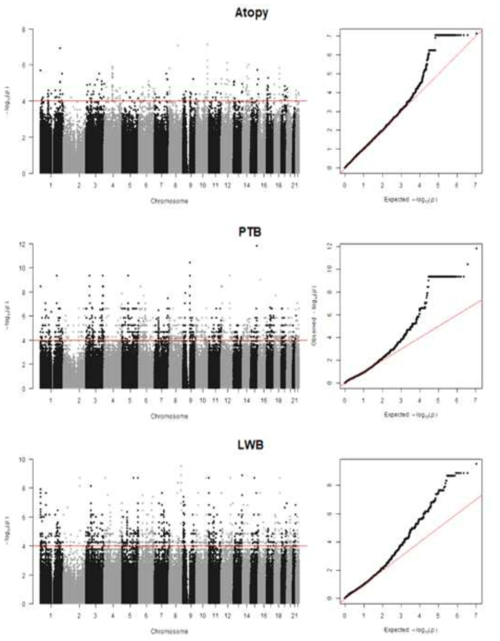 엄마그룹을 활용한 환경성질환과 연관성 분석 결과 (Manhattan & Q-Q plot)