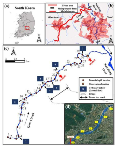 (a) 감천 위치, (b) 대상 구간 위치, (c) 예상 유출지점 위치, (d) 추적자 실험 구간