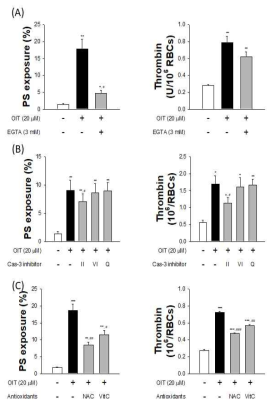 OIT와 억제제 동시 처리 시 PS exposure와 트롬빈 생성 변화 분석
