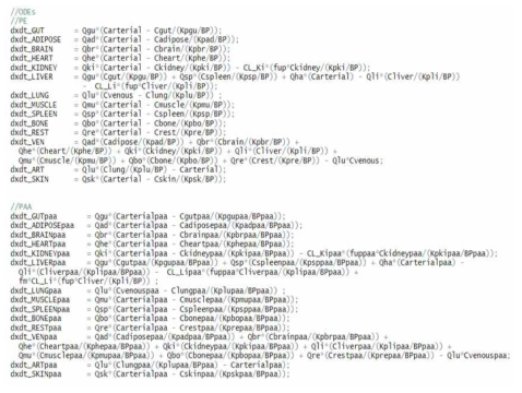 PE 랫트 및 사람 PBPK model에 사용된 수식 (R code 일부)