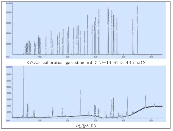 VOCs 표준시료 및 실제시료의 GC/MS 크로마토그램