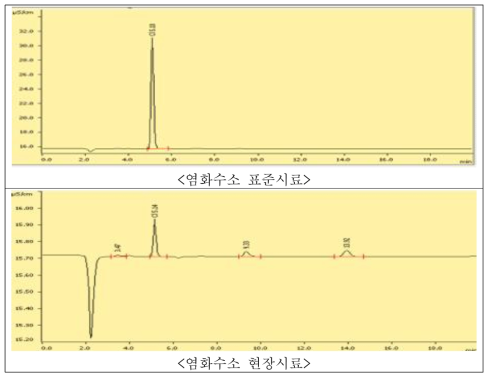 염화수소 표준시료와 현장시료에 대한 크로마토그램