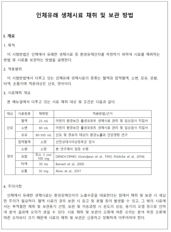 인체 유래 생체시료 채취 및 보관방법 매뉴얼