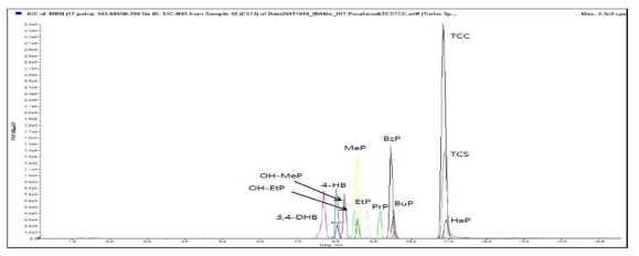 파라벤(Parabens)의 총이온크로마토그램(Total ion chromatogram, TIC)