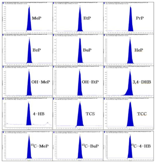 파라벤류 분석 대상물질(n=10)과 내부표준물질(n=3)의 개별 chromatogram