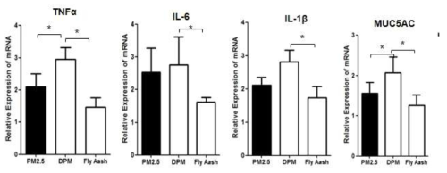 미세먼지 3종(도로변미세먼지 PM2.5/ DPM/ Fly ash)의 점안에 따른 염증성 사이토카인 변화