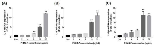 PHMG-P에 의한 염증성 사이토카인 유전자 발현 양상 (A) IL-6, (B) IL-8, (C) IL-1β