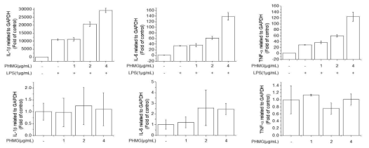 RAW264.7 세포에서 PHMG-P의 염증성 사이토카인의 유전자 발현에 대한 영향 조사