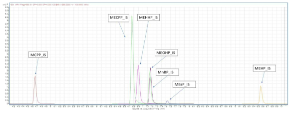 유기물질 및 그 대사체류의 LC-MS/MS 크로마토그램 (내부표준물질: 프탈레이트 대사체류)