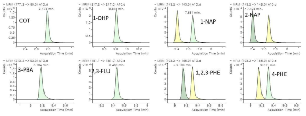 PAH 대사체류, Cotinine, 3-PBA 크로마토그램 (standard : 50 ng/mL)