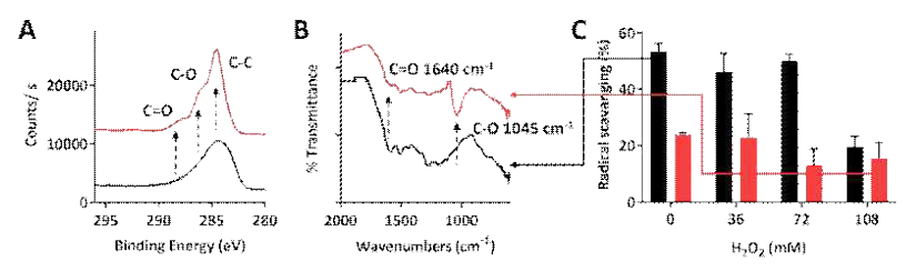 In vitro 광노화 모델 연구결과. (A-B) 과산화수소 하에서 자외선을 조사한 경우(red)와 처리되지 않은 멜라닌 (black)의 분석 결과. (C) 과산화수소 농도에 따라 자외선을 조사한 경우 (red)와 조사하지 않은 경우 (black)의 물성 측정 결과