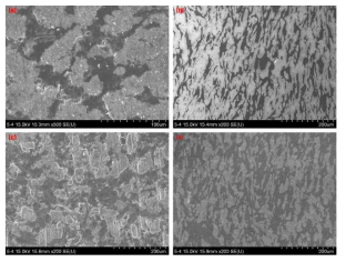 Graphite 함량 및 결정방향에 따른 SEM 이미지. (a)40V%_Parallel, (b)40V%_Vertical, (c)60V%_Parallel, (d)60V%_Vertical