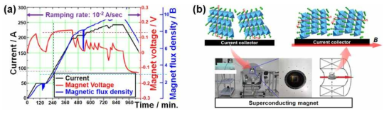 (a) Magnetic field profile depending on electric current and voltage in a superconducting magnet, (b) schematic drawing of the NMC crystal alignment process using the magnet, in which a magnetic field (B) is applied parallel to a current collector, resulting in the NMC c-plane oriented perpendicular to a current collector