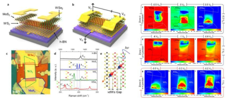 사용된 디바이스에 대한 모식도와 라만분석결과 (좌). Scanning photocurrent mapping by 405 nm laser of 20 nW cm-2 as a function of gate and drain bias (우)