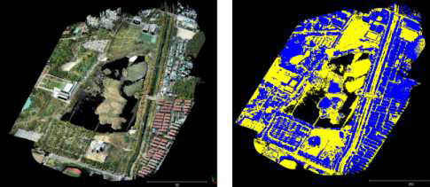 안산시 화랑공원 3차원 드론 LiDAR 및 지면점 분류(우측 황색), 지면 외 분류(우측 청색) 데이터 구축