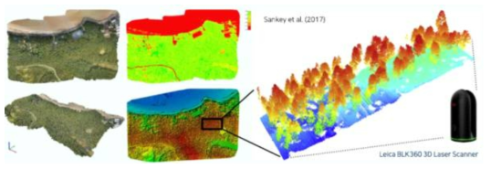 위치추적기반 외래생물 대상지에서 드론 분광 영상 및 라이다 기반 구조 분석 예 * 출처: Sankey et al., 2017, UAV lidar and hyperspectral fusion for forest monitoring in the southwestern USA, Remote Sensing of Environment