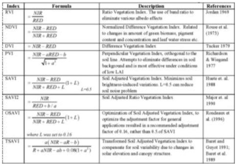 생태계 및 식생 모니터링 연구에서 활용되는 대표적 식생지수(a와 b는 이미지 내 기울기 및 절편값) * 출처: Batadlan, B. D., Paringit, E. C., Santillan, J. R., Caparas, A. S., & Fabila, J. L. (2009). Analysis of background variations in computed spectral vegetation indices and its implications for mapping mangrove forests using satellite imagery. 4th Engineering Research and Development for Technology (ERDT) Conference