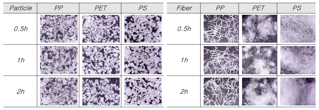 초음파처리 시간에 따른 소재 및 형상별 미세플라스틱 제조 (좌: 입자, 우: 섬유)