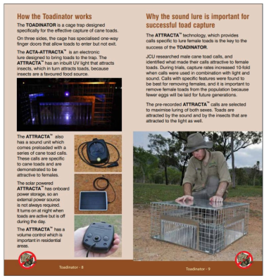 소리를 유인책으로 이용한 cane toad 포획장치인 Toadinator 매뉴얼 사진 (https://animalcontrol.com.au/products/toadinator)