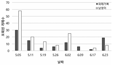 지네그물형 포획장치 날짜별 외래거북과 남생이 포획 개체수