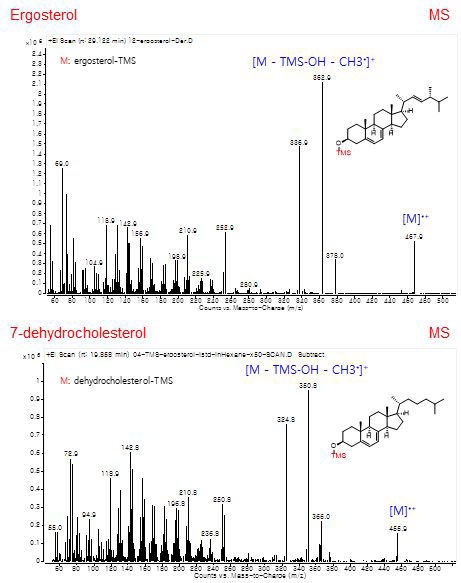 TMS 유도체화된 ergosterol과 dehydrocholesterol (ISTD)의 질량 스펙트럼