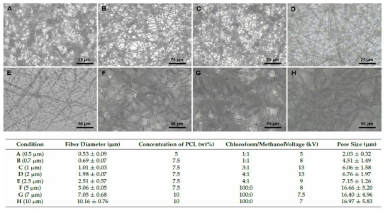 나노섬유 크기 조절에 따른 미세공극 크기 조절 (Polymers. 2019)