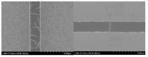 (a)기존 2μm Titanium S/D gap 소자의 SEM 이미지 (b) 새로 제작한 1μm Chrome S/D gap 소자의 SEM 이미지